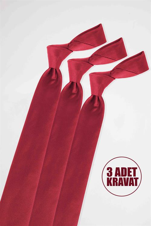 3lü Paket Düz Klasik Cep Mendilli Bordo Erkek Kravat