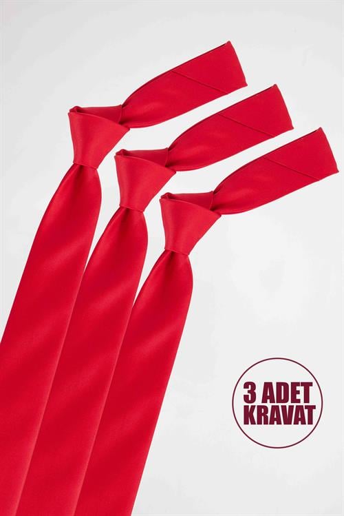 3lü Paket Düz İnce Kırmızı Erkek Kravat