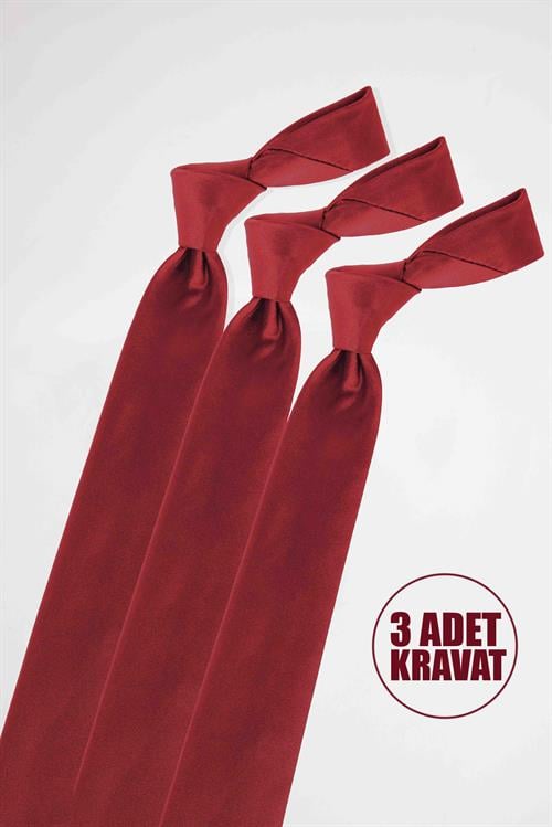 3lü Paket Düz İnce Bordo Erkek Kravat