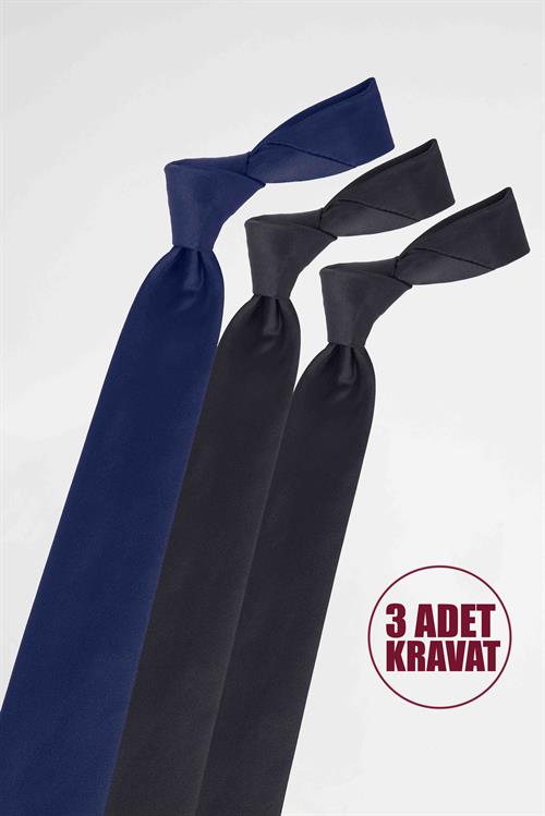 3lü Paket Düz İnce Lacivert-Siyah Erkek Kravat