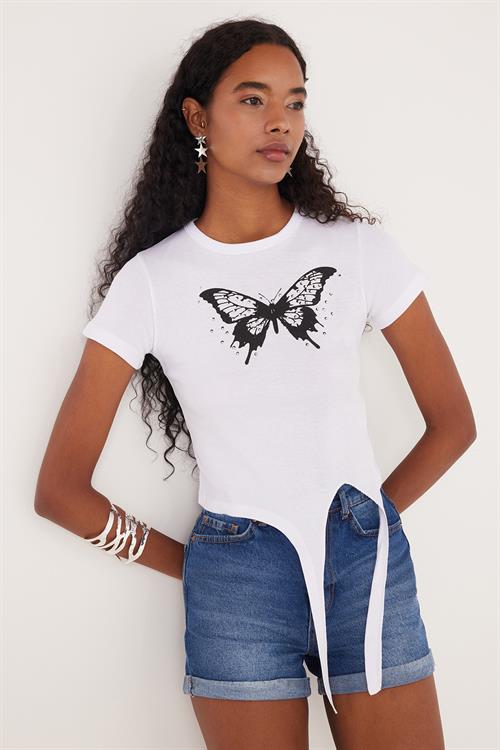 Kadın Slim Fit Dar Kesim Kısa Kollu Bağlamalı Bisiklet Yaka Baskılı Beyaz Tişört