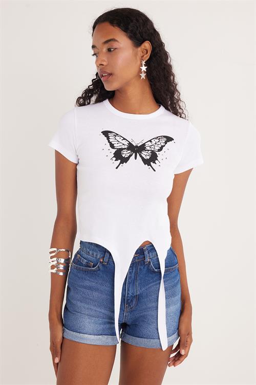Kadın Slim Fit Dar Kesim Kısa Kollu Bağlamalı Bisiklet Yaka Baskılı Beyaz Tişört