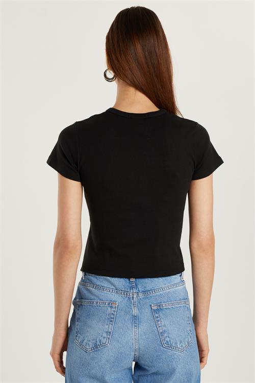 Kadın Slim Fit Dar Kesim Kısa Kollu Bağlamalı Bisiklet Yaka Baskılı Siyah Tişört