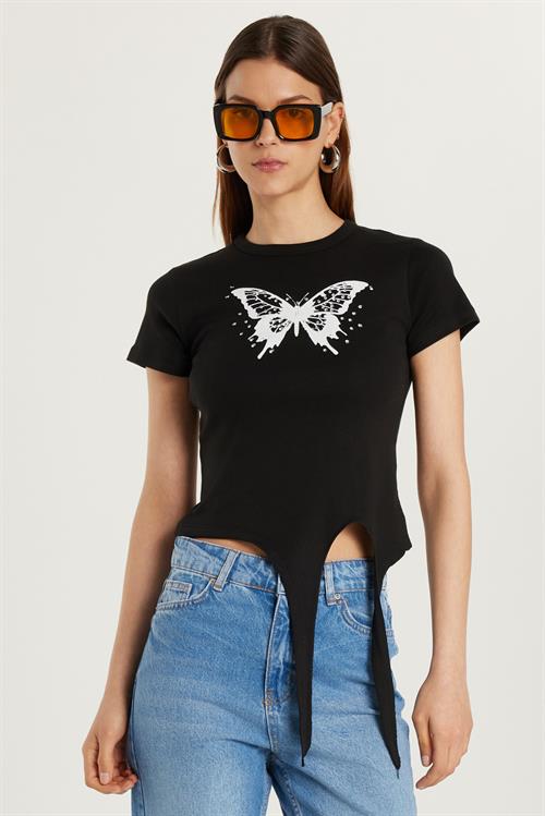 Kadın Slim Fit Dar Kesim Kısa Kollu Bağlamalı Bisiklet Yaka Baskılı Siyah Tişört