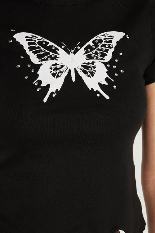 Kadın Slim Fit Dar Kesim Kısa Kollu Bağlamalı Bisiklet Yaka Baskılı Siyah Tişört