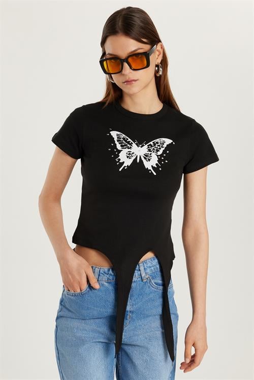 Kadın Slim Fit Dar Kesim Kısa Kollu Bağlamalı Bisiklet Yaka Baskılı Siyah Tişört