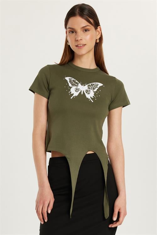 Kadın Slim Fit Dar Kesim Kısa Kollu Bağlamalı Bisiklet Yaka Baskılı Haki Tişört