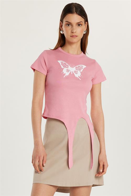 Kadın Slim Fit Dar Kesim Kısa Kollu Bağlamalı Bisiklet Yaka Baskılı Pembe Tişört