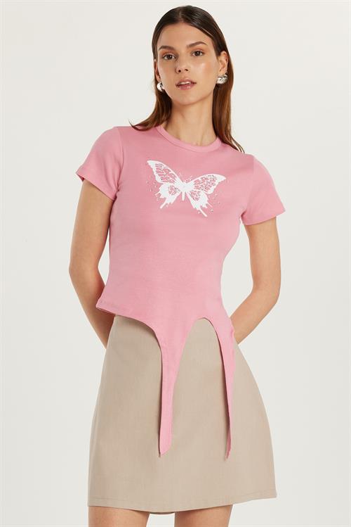 Kadın Slim Fit Dar Kesim Kısa Kollu Bağlamalı Bisiklet Yaka Baskılı Pembe Tişört