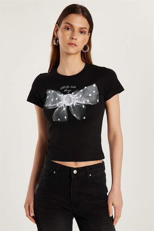 Kadın Slim Fit Dar Kesim %100 Pamuk Kısa Kollu Bisiklet Yaka Baskılı Siyah Tişört