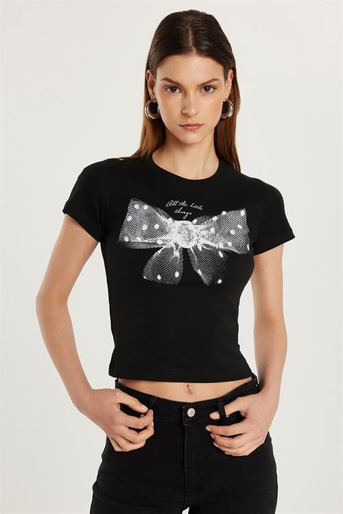 Kadın Slim Fit Dar Kesim %100 Pamuk Kısa Kollu Bisiklet Yaka Baskılı Siyah Tişört