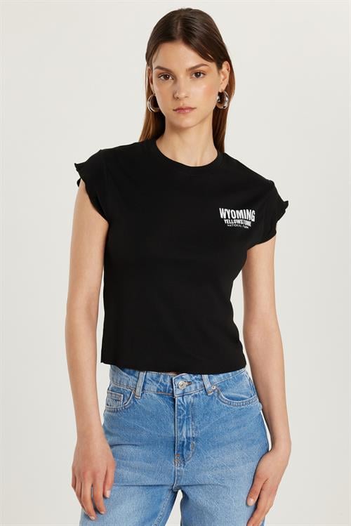 Kadın Slim Fit Ribanalı Baskılı %100 Pamuk Bisiklet Yaka Siyah Tişört