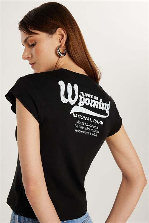 Kadın Slim Fit Ribanalı Baskılı %100 Pamuk Bisiklet Yaka Siyah Tişört