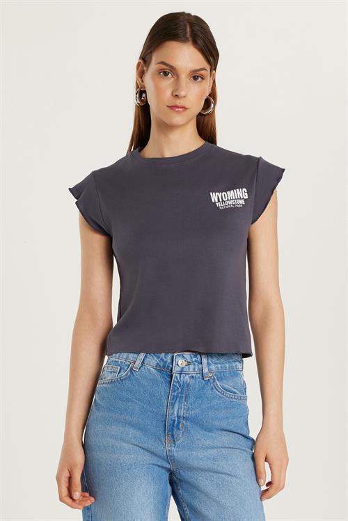 Kadın Slim Fit Ribanalı Baskılı %100 Pamuk Bisiklet Yaka Füme Tişört