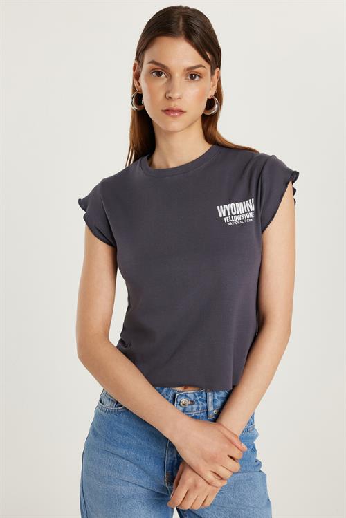 Kadın Slim Fit Ribanalı Baskılı %100 Pamuk Bisiklet Yaka Füme Tişört