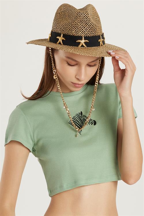 Kadın Slim Fit Dar Kesim %100 Pamuk Bisiklet Yaka Baskılı Haki Crop Tişört
