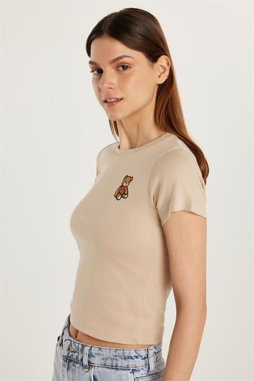 Kadın Slim Fit Dar Kesim Kısa Kollu Bisiklet Yaka Nakışlı Bej Tişört
