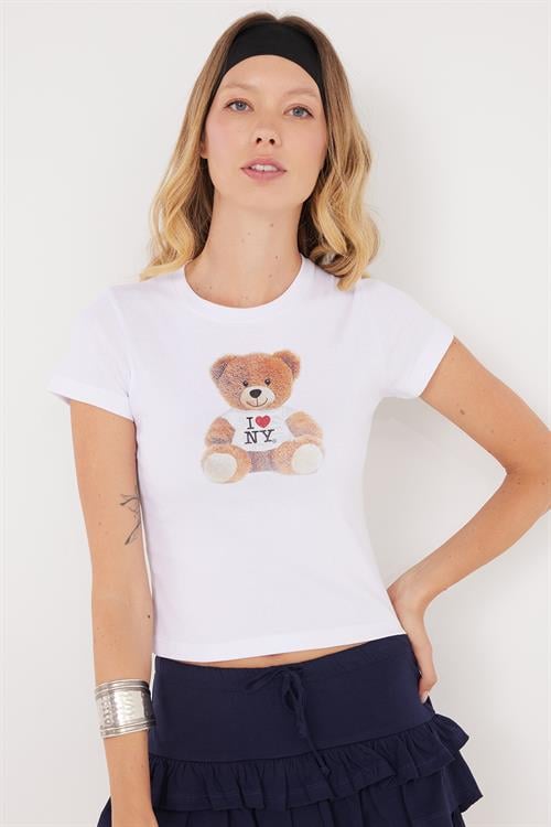 Kadın Slim Fit Dar Kesim Kısa Kollu Bisiklet Yaka Baskılı Beyaz Tişört