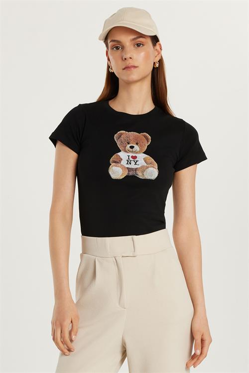 Kadın Slim Fit Dar Kesim Kısa Kollu Bisiklet Yaka Baskılı Siyah Tişört