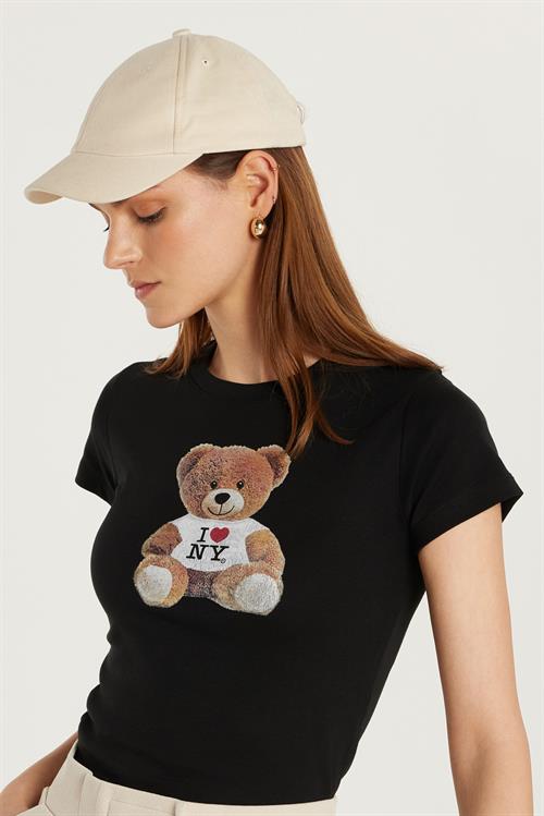 Kadın Slim Fit Dar Kesim Kısa Kollu Bisiklet Yaka Baskılı Siyah Tişört