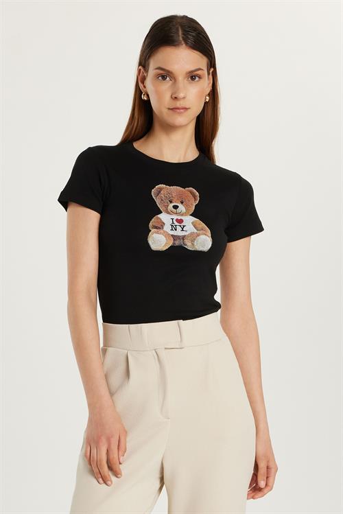 Kadın Slim Fit Dar Kesim Kısa Kollu Bisiklet Yaka Baskılı Siyah Tişört
