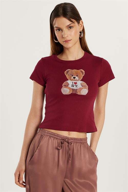 Kadın Slim Fit Dar Kesim Kısa Kollu Bisiklet Yaka Baskılı Bordo Tişört