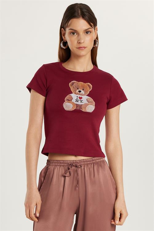Kadın Slim Fit Dar Kesim Kısa Kollu Bisiklet Yaka Baskılı Bordo Tişört