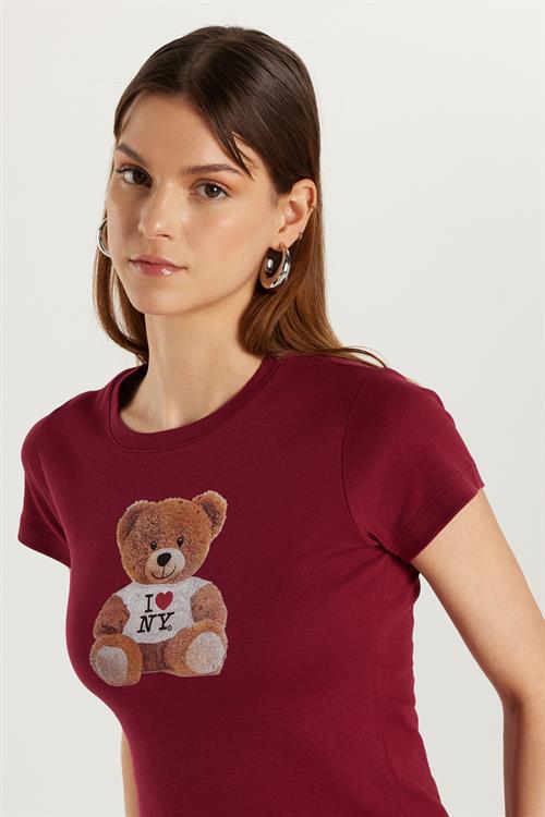 Kadın Slim Fit Dar Kesim Kısa Kollu Bisiklet Yaka Baskılı Bordo Tişört