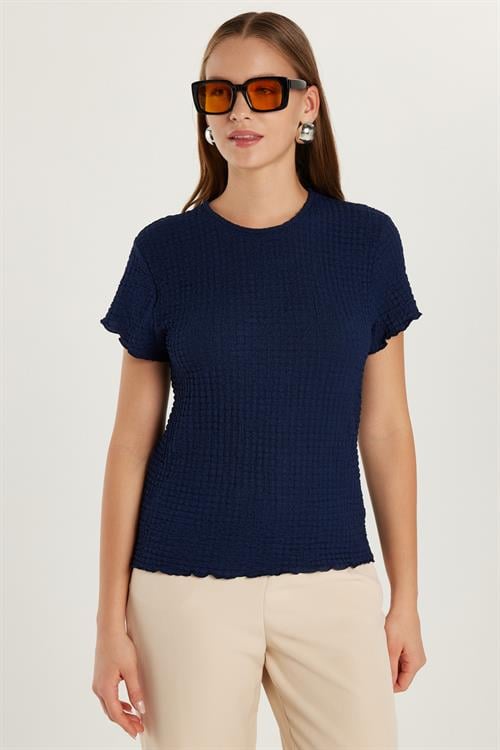 Kadın Slim Fit Dar Kesim Kısa Kollu Bisiklet Yaka Lacivert Tişört
