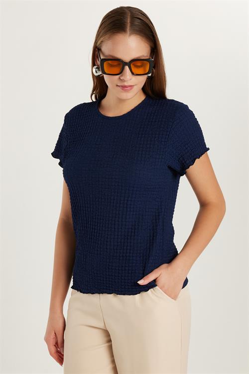 Kadın Slim Fit Dar Kesim Kısa Kollu Bisiklet Yaka Lacivert Tişört