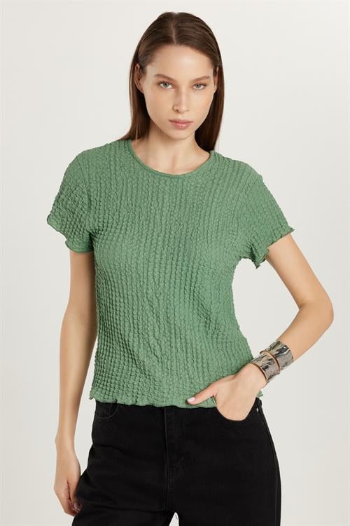 Kadın Slim Fit Dar Kesim Kısa Kollu Bisiklet Yaka Haki Tişört