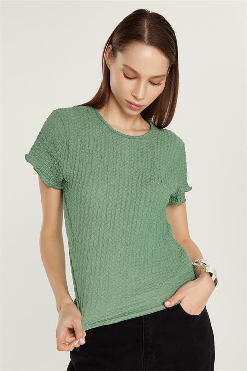 Kadın Slim Fit Dar Kesim Kısa Kollu Bisiklet Yaka Haki Tişört