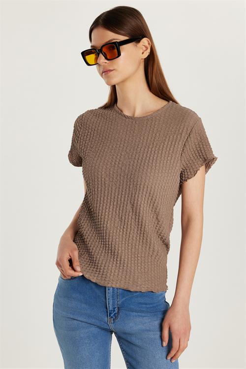 Kadın Slim Fit Dar Kesim Kısa Kollu Bisiklet Yaka Vizon Tişört