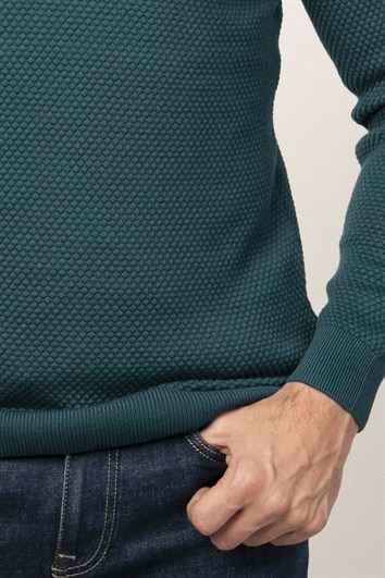 Erkek Standart Fit Normal Kesim Bisiklet Yaka Petek Desenli Yeşil Triko Kazak