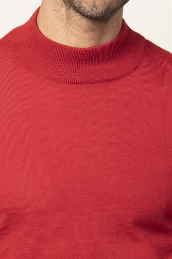 Erkek Standart Fit Normal Kesim Yarım Balıkçı Yaka Düz Kırmızı Triko Kazak