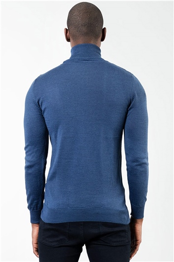 Erkek Slim Fit Tam Balıkçı Yaka İnce Yün İndigo Triko Kazak