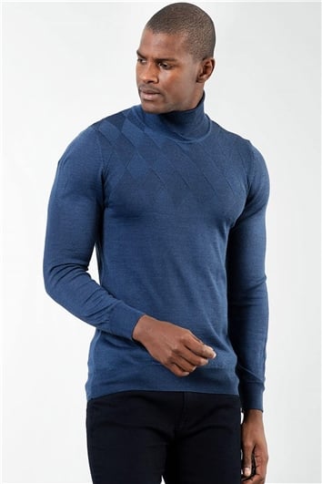 Erkek Slim Fit Tam Balıkçı Yaka İnce Yün İndigo Triko Kazak