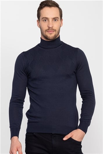 Erkek Slim Fit Tam Balıkçı Yaka İnce Yün Lacivert Triko Kazak