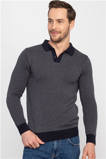 Erkek Slim Fit Düğmeli Polo Yaka Desenli Antrasit Gri Triko Kazak