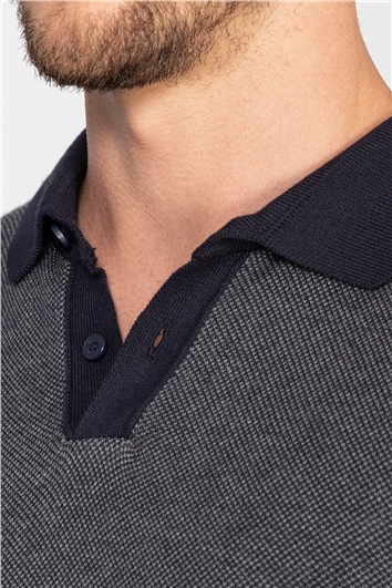 Erkek Slim Fit Düğmeli Polo Yaka Desenli Antrasit Gri Triko Kazak