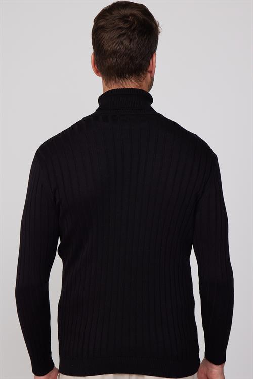 Erkek Slim Fit Tam Balıkçı Yaka Saç Örgü Desenli Siyah Triko Kazak