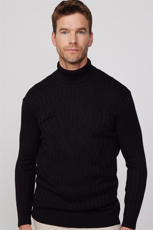 Erkek Slim Fit Tam Balıkçı Yaka Saç Örgü Desenli Siyah Triko Kazak