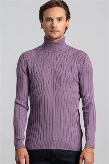 Erkek Slim Fit Tam Balıkçı Yaka Saç Örgü Desenli Lila Triko Kazak