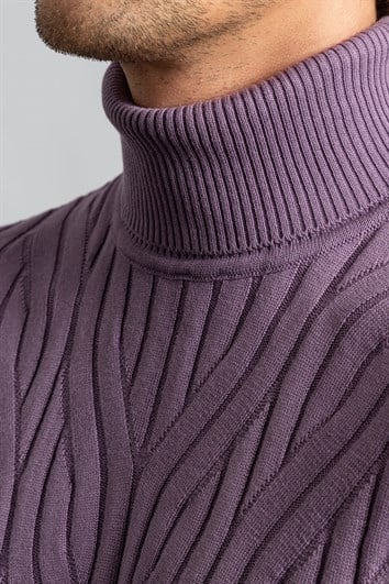 Erkek Slim Fit Tam Balıkçı Yaka Saç Örgü Desenli Lila Triko Kazak