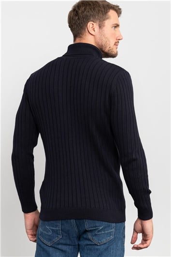 Erkek Slim Fit Tam Balıkçı Yaka Saç Örgü Desenli Lacivert Triko Kazak
