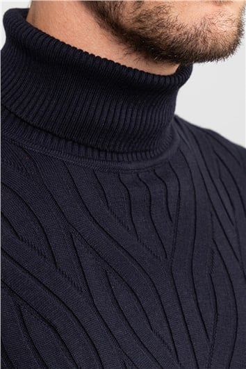 Erkek Slim Fit Tam Balıkçı Yaka Saç Örgü Desenli Lacivert Triko Kazak