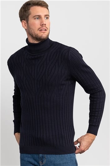 Erkek Slim Fit Tam Balıkçı Yaka Saç Örgü Desenli Lacivert Triko Kazak