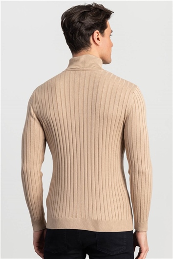 Erkek Slim Fit Tam Balıkçı Yaka Saç Örgü Desenli Kahve Triko Kazak