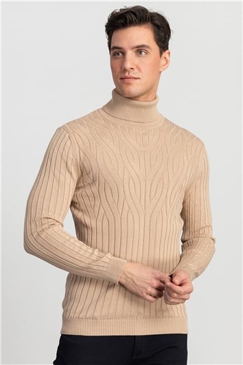 Erkek Slim Fit Tam Balıkçı Yaka Saç Örgü Desenli Kahve Triko Kazak
