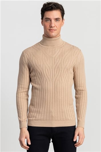 Erkek Slim Fit Tam Balıkçı Yaka Saç Örgü Desenli Kahve Triko Kazak